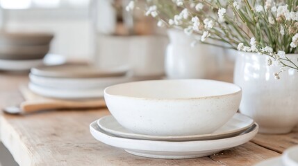 Poster - White ceramic bowl and plates on rustic wooden table with gypsophila flowers in the background, creating a minimalist and elegant scene. : Generative AI