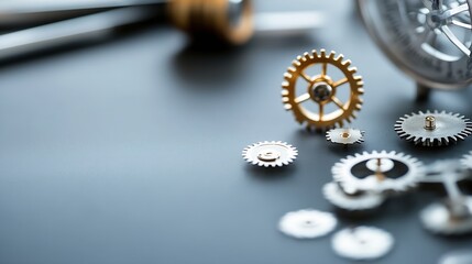 Poster - Close-up view of intricate clock gears scattered on a dark gray surface, showcasing precision engineering and mechanical complexity. : Generative AI