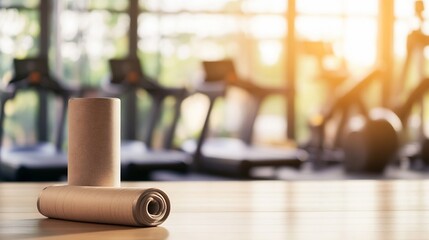 Leinwandbilder - Beige fabric rolls neatly arranged on a light wood surface, with a blurred background of a modern gym featuring treadmills and sunlight. : Generative AI