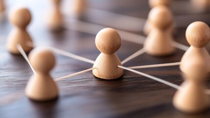 Aufkleber - Wooden figures interconnected by thin strings, symbolizing network, teamwork, and collaboration in business or social contexts.  A central figure highlights leadership or importance wi : Generative AI