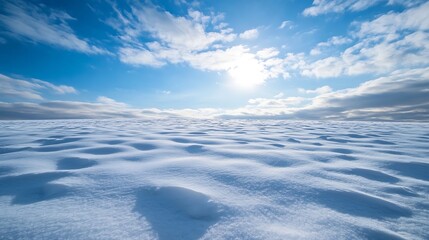 Poster - Vast, snow-covered field under a bright winter sky, with gentle undulations in the snow and a clear blue sky dotted with fluffy white clouds. : Generative AI