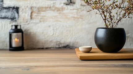 Aufkleber - Serene minimalist still life: a small ceramic bowl and black pot with dried branches rest on a wooden board, a lantern with a candle glows softly in the background against a textured w : Generative AI