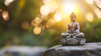 Aufkleber - Serene Buddha statue meditates peacefully on a rock, bathed in the warm golden light of a sunset, with a blurred green garden background. : Generative AI