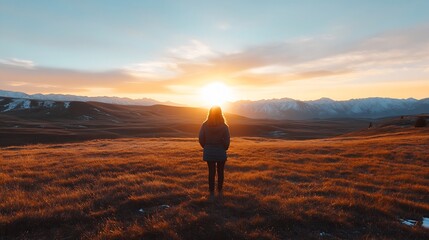 Leinwandbilder - Woman silhouetted against a vibrant sunset, overlooking a vast golden field and snow-capped mountains in the distance.  A breathtaking scene of tranquility and natural beauty. : Generative AI