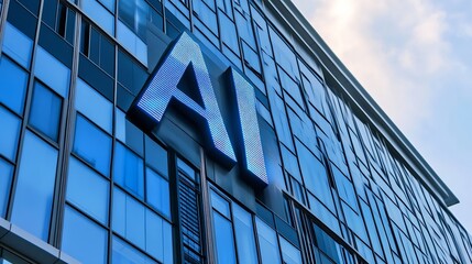 Aufkleber - Modern building facade with illuminated AI sign, showcasing blue glass windows and sleek architecture under a partly cloudy sky. : Generative AI
