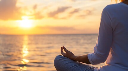 Aufkleber - Woman meditates peacefully at sunset by the ocean, enjoying serenity and inner peace during golden hour.  A tranquil scene of mindfulness and relaxation. : Generative AI