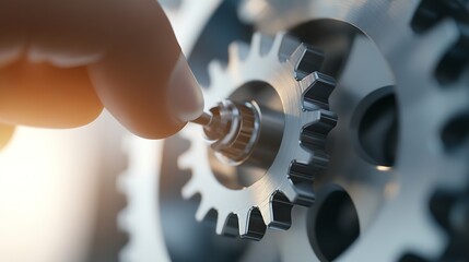 Aufkleber - Close-up of a finger interacting with intricate metal gears, showcasing precision engineering and the concept of mechanics.  The image evokes themes of industry, technology, and comple : Generative AI