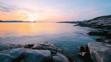 Poster - Serene sunset over calm ocean waters, rocky shoreline, pastel sky hues.  Tranquil coastal scene at golden hour, reflecting sunlight on the water. : Generative AI