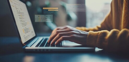 Person typing on laptop with code displayed