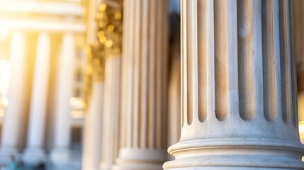 Aufkleber - Close-up view of fluted stone columns, classical architecture detail, sunlight illuminating the stone, architectural heritage, ancient roman style, pillars in a row, building facade, h : Generative AI
