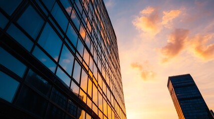 Poster - Modern glass skyscraper reflecting sunset clouds, showcasing architectural design and urban landscape at dusk.  The image offers a low angle view, emphasizing the building's height and : Generative AI