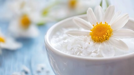 Poster - Close-up of a single daisy flower resting atop a bowl of white, fluffy coconut flakes, set against a soft blue wooden background with blurred daisies. : Generative AI