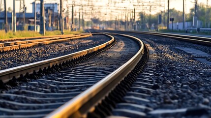 Aufkleber - Close-up view of railway tracks curving gently into the distance, bathed in the warm golden light of sunset, with blurred background of railway infrastructure and greenery. : Generative AI