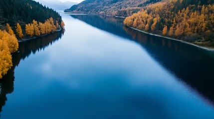 Poster - Aerial view of a serene lake nestled between autumnal forests, showcasing vibrant yellow and golden foliage reflected in the calm, deep blue water. : Generative AI
