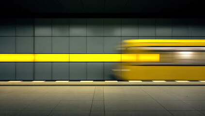 Aufkleber - A fast-moving yellow subway train blurs past a modern, gray-tiled platform illuminated by a bright yellow light strip.