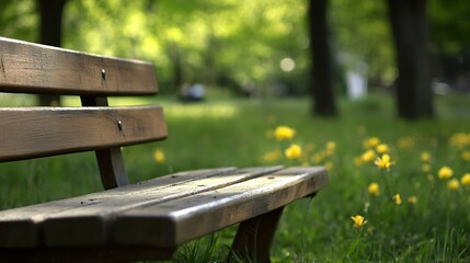 Aufkleber - Wooden park bench in a sunlit green meadow with blurred yellow flowers and trees in the background, peaceful summer scene. : Generative AI