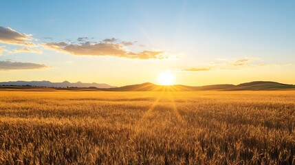 Poster - Golden wheat field at sunset, bathed in warm sunlight, with distant mountains silhouetted against a clear sky.  Peaceful rural landscape scene. : Generative AI