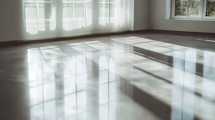 Poster - Sunlight streams through sheer curtains, casting long shadows across a polished floor in a modern room, creating a serene and minimalist atmosphere. : Generative AI