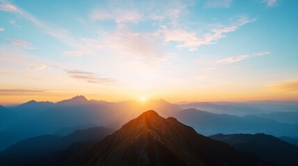 Poster - Majestic sunrise over a mountain range, showcasing vibrant orange and blue hues, with layers of peaks extending to the horizon.  The sun's rays illuminate the foreground mountain. : Generative AI