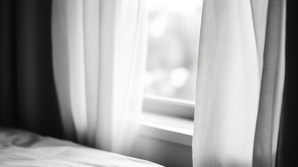 Aufkleber - Sunlight streams through sheer white curtains in a bedroom, illuminating a portion of a bed and creating a peaceful, minimalist atmosphere. : Generative AI