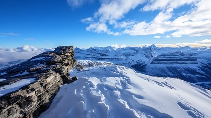 Poster - Majestic winter panorama: snow-covered mountain peak overlooking a vast, pristine valley under a brilliant blue sky.  Rocky outcrop provides a dramatic foreground element. : Generative AI