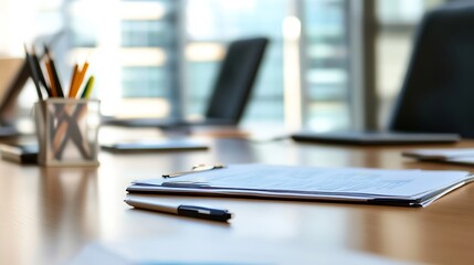 Aufkleber - A stack of documents rests on a light wood conference table, next to a pen and a pencil holder; blurred office background. : Generative AI
