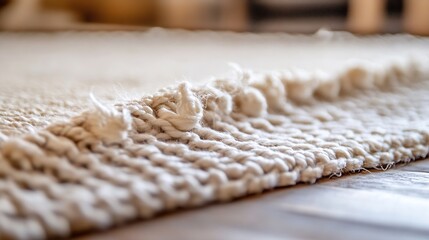 Poster - Close-up view of a cream-colored, chunky knit textile with frayed edges, resting on a light brown wooden surface.  The texture is soft and inviting, suggesting warmth and comfort. : Generative AI