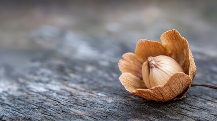 Aufkleber - Close-up of a dried seed pod resting on weathered grey wood, exhibiting delicate, light brown petals and a visible central seed. : Generative AI