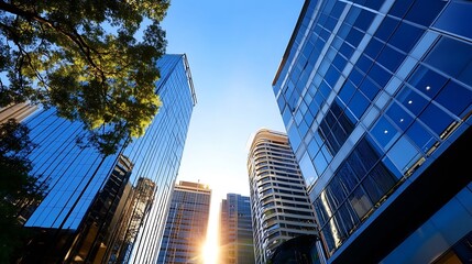Poster - Modern city skyscrapers reflecting sunlight, viewed from below with tree branches in the foreground.  A vibrant image showcasing architectural design and urban landscape. : Generative AI
