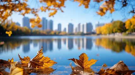 Poster - Autumn leaves resting on a calm lake's edge, with a blurred cityscape reflected in the water, showcasing the serene beauty of fall. : Generative AI