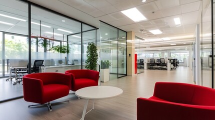 Aufkleber - Modern office interior design featuring red armchairs and a white coffee table in a bright, spacious waiting area with glass partitions and plants. : Generative AI
