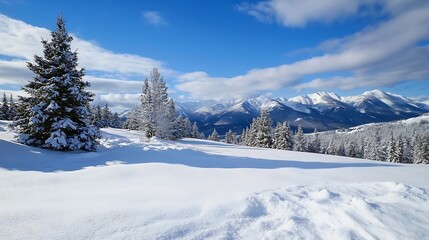 Aufkleber - Snowy mountain landscape with snow-covered evergreen trees under a bright blue sky, showcasing a serene winter scene. : Generative AI
