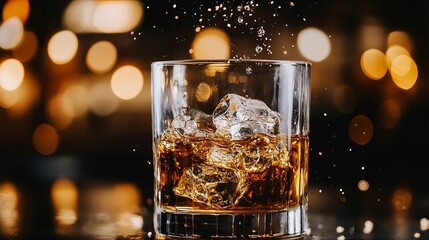 Fototapete - amber liquid with ice cubes in a rocks glass, bokeh lights in the background, suggesting a bar or lo