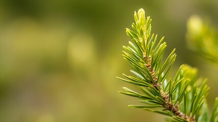 Poster - Close-up of a vibrant green pine branch, showcasing delicate needles and new growth, set against a softly blurred natural background. : Generative AI