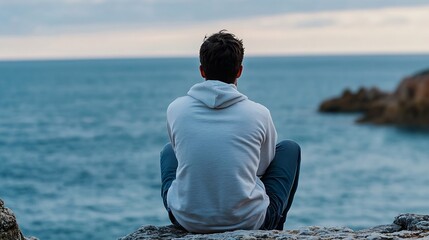 Aufkleber - A young man sits on a rocky outcrop, gazing out at the vast, tranquil ocean; the sky is a muted blend of grey and blue, reflecting the calmness of the sea. : Generative AI