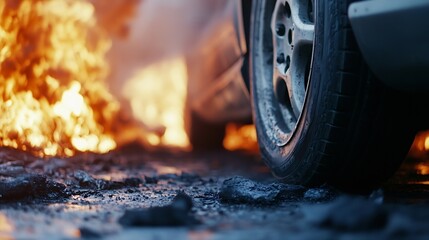Aufkleber - Close-up view of a car tire on a dark, uneven road surface with a blurred background of intense flames and smoke, suggesting a scene of accident or disaster. : Generative AI