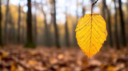 Poster - Single autumn leaf hanging from a branch, vibrant yellow color, blurred forest background.  Perfect for seasonal themes, nature imagery, and fall designs. : Generative AI