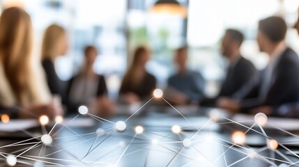 Fototapete - Blurred business team meeting with abstract network connection overlay, symbolizing collaboration and global communication in a modern office setting. : Generative AI