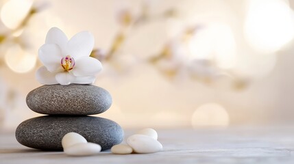 Aufkleber - Serene spa scene featuring a white orchid atop a stack of gray stones, with additional smooth white stones nearby, set against a soft, blurred background of pale blossoms. : Generative AI