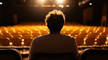 Aufkleber - Silhouette of a person with curly hair sitting alone in a dimly lit auditorium filled with empty yellow seats, facing the stage. : Generative AI
