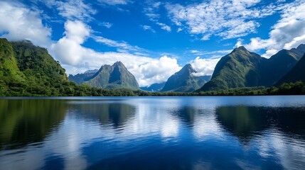 Poster - Serene lake reflecting majestic mountains under a vibrant blue sky, lush green vegetation lines the tranquil water's edge, creating a breathtaking natural landscape. : Generative AI