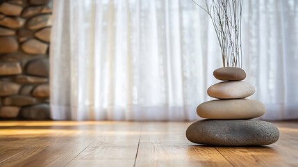 Poster - Serene stack of four smooth stones rests on light wood floor, near sheer curtains and a stone wall, conveying calmness and balance. : Generative AI