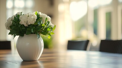 Aufkleber - White hydrangeas in a white ceramic vase sit on a light wood table in a sunlit room, creating a serene and peaceful atmosphere. : Generative AI