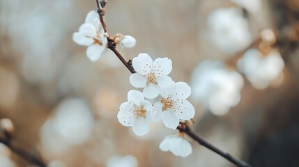 Poster - Close-up of delicate white blossoms on a slender branch, showcasing the intricate details of the petals and stamens, set against a soft, blurred background of muted earth tones. : Generative AI