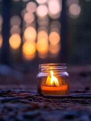 Poster - A single candle flame glows warmly inside a glass jar, set on a bed of pine needles, with a blurred sunset forest background. : Generative AI