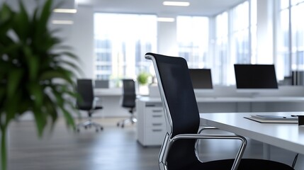 Fototapete - Modern office interior with empty desk, black mesh office chair, and blurred background of workstations and city view. : Generative AI