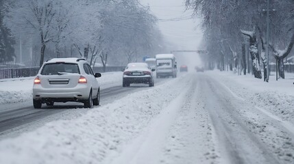 Poster - Snowy city street scene with cars driving carefully through a winter blizzard, snow piled high on the roadside. : Generative AI