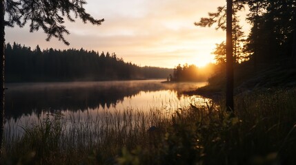 Aufkleber - Serene sunrise over a tranquil lake, mist rising from the water, silhouetted trees framing the golden hour light, peaceful nature scene. : Generative AI