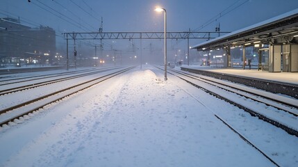 Fototapete - Snowy train station platform at twilight, with tracks covered in fresh snow and a single lamp illuminating the scene.  The atmosphere is calm and peaceful, hinting at a cold winter eve : Generative AI