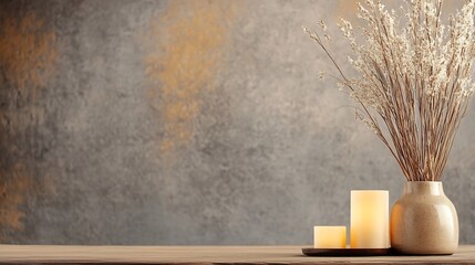 Poster - Beige ceramic vase with dried flowers, two illuminated candles on wooden surface against textured wall.  Autumnal, minimalist home decor scene. : Generative AI